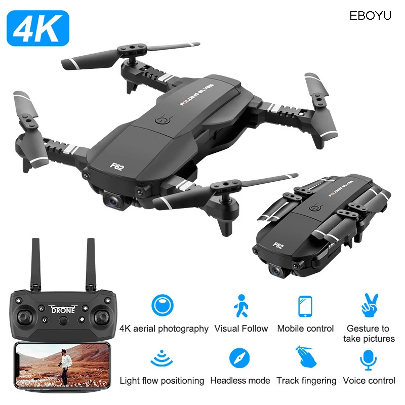 

EBOYU F62 WiFi FPV Foldable RC Drone 4K/480P HD Camera Opitical Flow Dual Cameras Gesture Mode Altitude Hold RC Quadcopter Drone