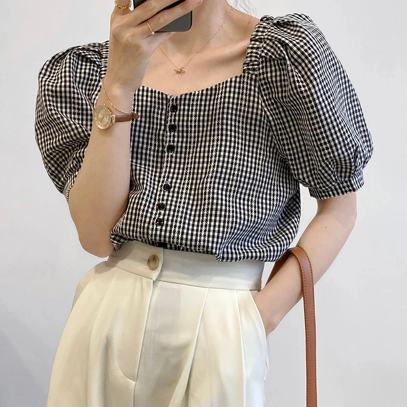 Sweet Square Collar Puff Short Sleeve Blouses Single Breasted Slim Plaid Shirt 2021 Summer Korean Chic Ol Blusas De Mujer
Sweet Square Collar Puff Short Sleeve Blouses Single Breasted Slim Plaid Shirt 2021 Summer Korean Chic Ol Blusas De Mujer