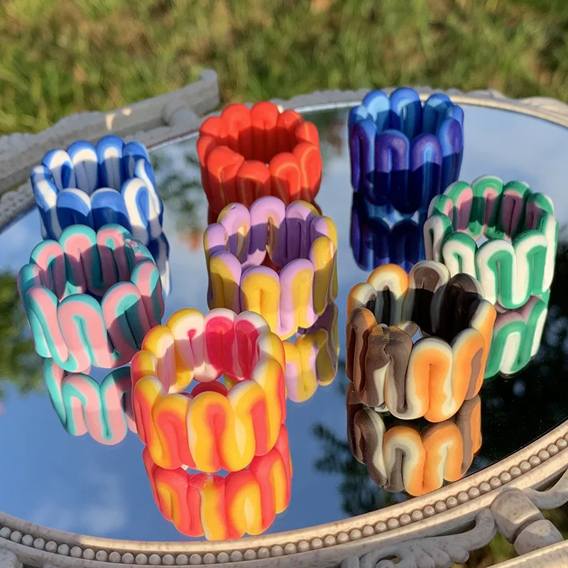 Fashion Ins Colorful Handmade Ceramic Clay Wave Rings for Women Girls Vintage Stripe Wide Finger Ring Jewelry Wholesale 
Fashion Ins Colorful Handmade Ceramic Clay Wave Rings for Women Girls Vintage Stripe Wide Finger Ring Jewelry Wholesale