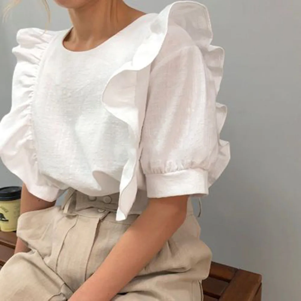 Woman Short Sleeve Ruffle Blouse Korean Japan Retro Round-Collar Solid Slim T-Shirt Elegant Chic Vintage Casual Top Young Tee
Woman Short Sleeve Ruffle Blouse Korean Japan Retro Round-Collar Solid Slim T-Shirt Elegant Chic Vintage Casual Top Young Tee