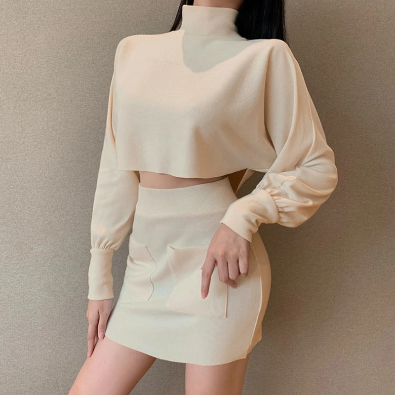Womens Ribbed Knitted 2 Piece Outfits Set Long Sleeve Turtleneck Sweater Crop Top Bodycon Pockets Mini Skirt Solid Color Autumn
Womens Ribbed Knitted 2 Piece Outfits Set Long Sleeve Turtleneck Sweater Crop Top Bodycon Pockets Mini Skirt Solid Color Autumn