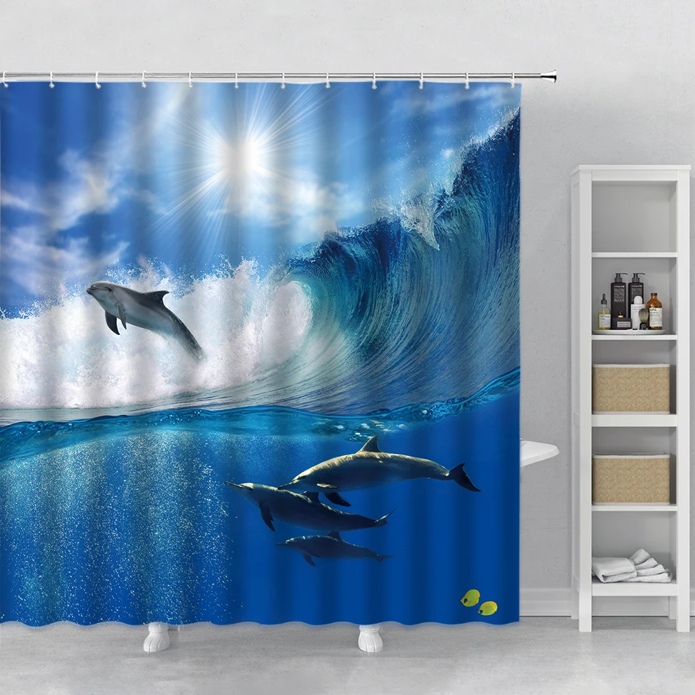 

Dolphin Wave Ocean Scenery Shower Curtain Sunshine Blue Sky White Cloud Marine Animal Fabric bath Curtains Set Bathroom Supplies