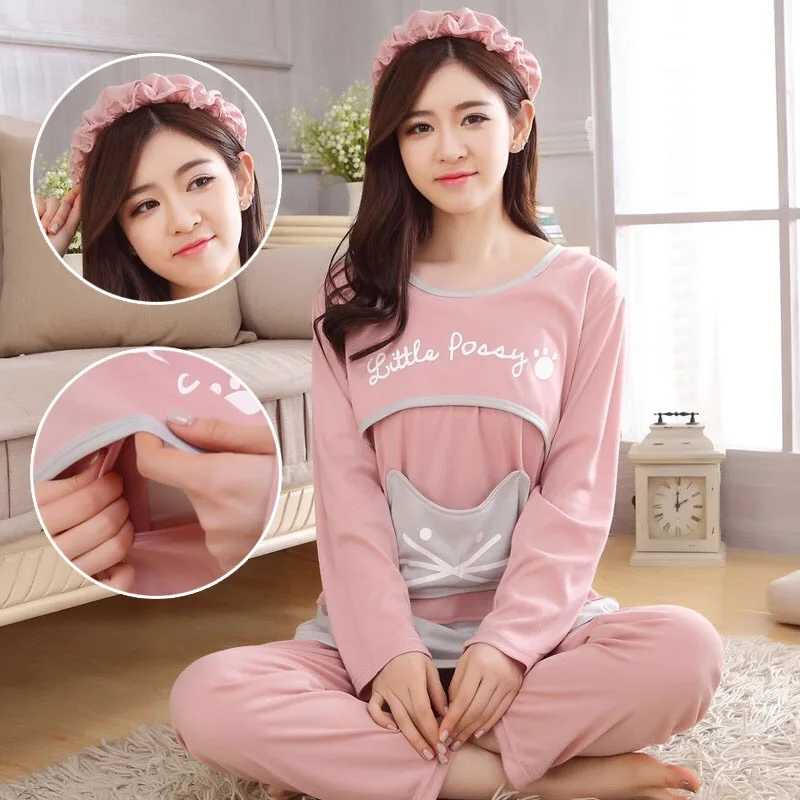 

2023 New Autumn Maternity Pajamas Breastfeeding Pregnant Women Nursing Pajama Set Top Pants Sleepwear Pregnancy Nightgown