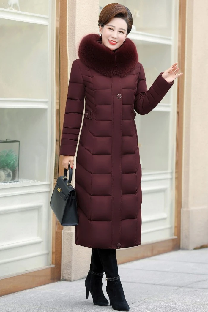 NiceWinter Down Cotton Girl Slim Fit Long Coat Cotton Large Size Fashion Hooded Fur Collar Jacket