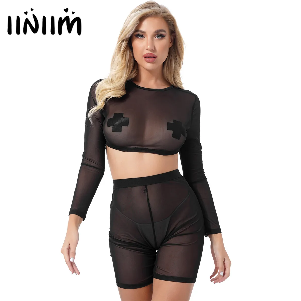 Women Exotic Sets See-through Mesh Lingerie Suit Nightwear Round Neck Long Sleeve Sexy Crop Top with High Waist Elastic Shorts
Women Exotic Sets See-through Mesh Lingerie Suit Nightwear Round Neck Long Sleeve Sexy Crop Top with High Waist Elastic Shorts