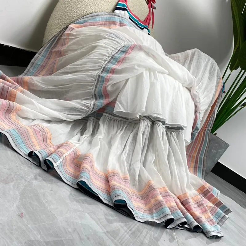 2021 Ladies Fashion Summer Beach Style Luminous Folds Narrow Rainbow Stripe Yoke Midi Dress Top Quality
2021 Ladies Fashion Summer Beach Style Luminous Folds Narrow Rainbow Stripe Yoke Midi Dress Top Quality