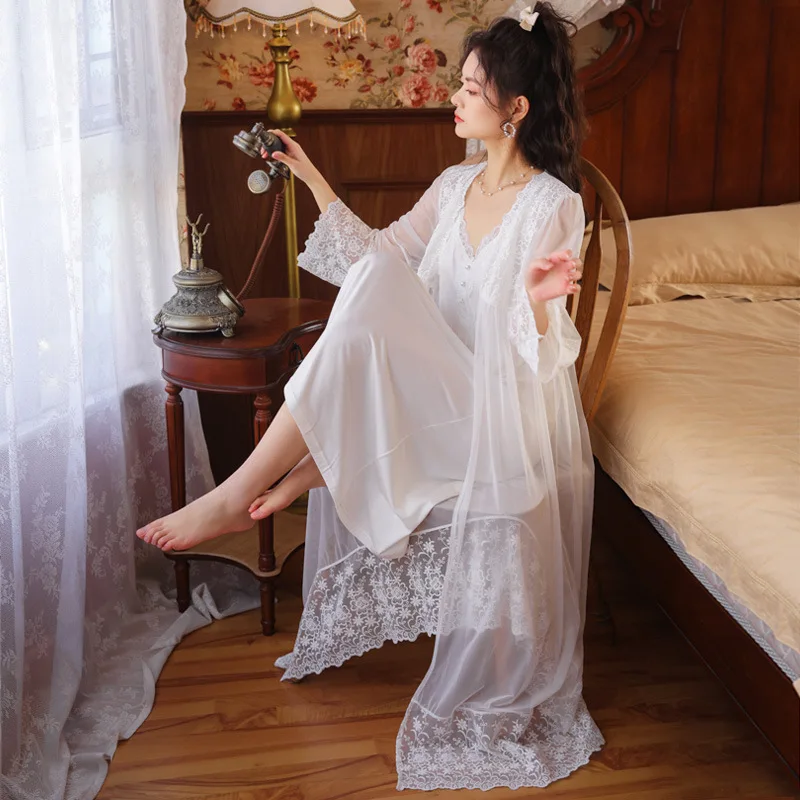 Roseheart New White Mesh Women Sleepwear Nightwear Lace Long Sexy Robes Gown Cotton Woven Female Pajama Sets Homewear 2 Pcs
Roseheart New White Mesh Women Sleepwear Nightwear Lace Long Sexy Robes Gown Cotton Woven Female Pajama Sets Homewear 2 Pcs