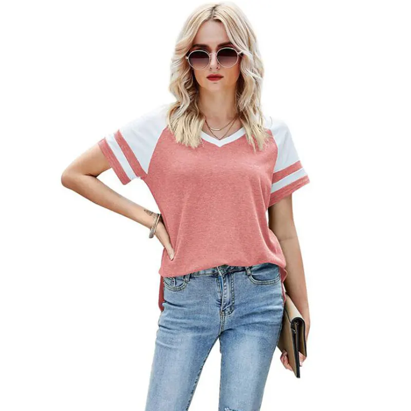 2021 Summer Women V-neck Tops Short Sleeve Stripe Patchwork T-shirts Loose Casual Simple Basic T- Shirt Tops
2021 Summer Women V-neck Tops Short Sleeve Stripe Patchwork T-shirts Loose Casual Simple Basic T- Shirt Tops