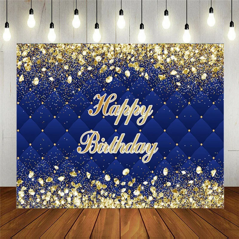 

Gold Glitter Happy Birthday Photography Backdrop Adult Dark Blue Heardboard Background Photo Studio Women Diamonds Decoration