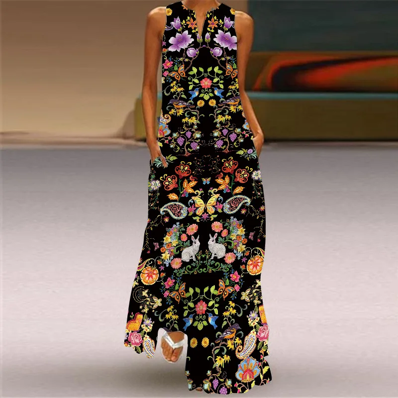 Summer Women Girl Printed Flower Sleeveless Vintage Dresses Vestidos Women Casual Vestidos Maxi Long Beach Dresses with Pocket
Summer Women Girl Printed Flower Sleeveless Vintage Dresses Vestidos Women Casual Vestidos Maxi Long Beach Dresses with Pocket