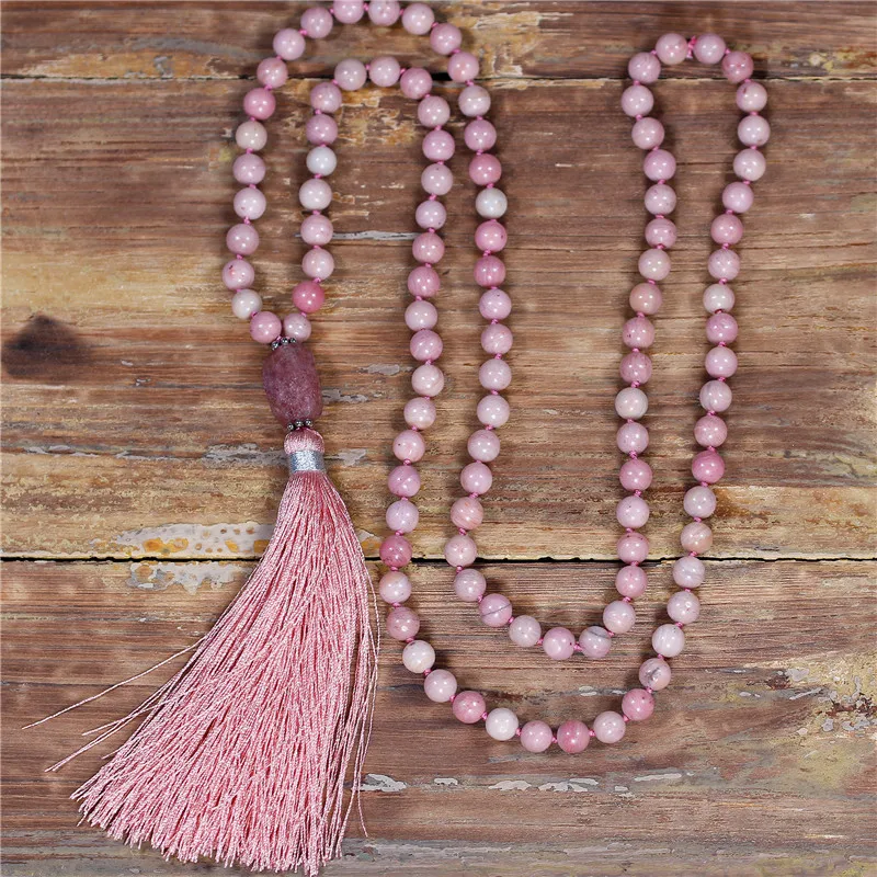 

YueTong 108 Beads Mala Tassel Necklace 8MM Rhodonite Beaded Knotted Yoga Necklace Bohemia Meditation Necklace Dropship Jewelry