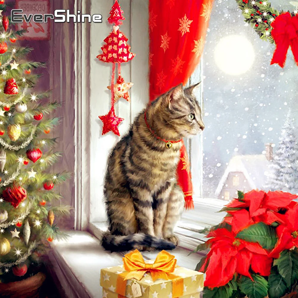 

EverShine 5D алмазная вышивка, животное, алмазная живопись, полный квадрат, Рождественская кошка, картина стразы, мозаика, дерево, домашний декор