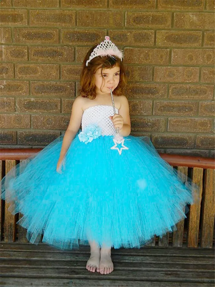 

Girls Turquoise Tulle Tutu Dress Kids White Crochet Dress Ball Gown with Flower Children Birthday Party Costume Princess Dresses