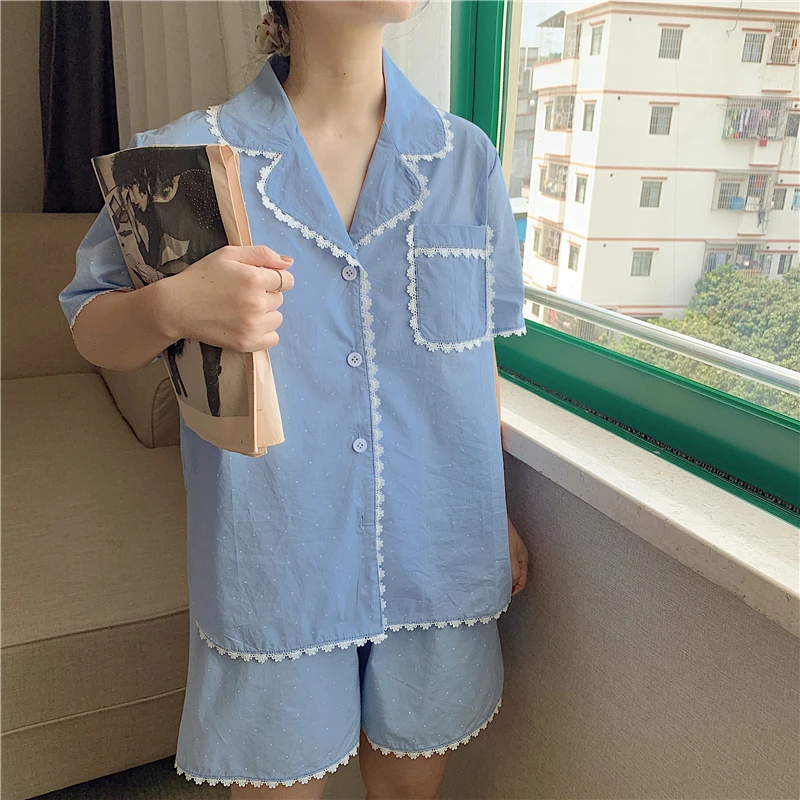 Summer Blue polka dot Pajamas Set Woven cotton Sweet Lace Pyjamas Sleepwear Teenage Two Piece Sets Pocket Girl Home Clothes
Summer Blue polka dot Pajamas Set Woven cotton Sweet Lace Pyjamas Sleepwear Teenage Two Piece Sets Pocket Girl Home Clothes