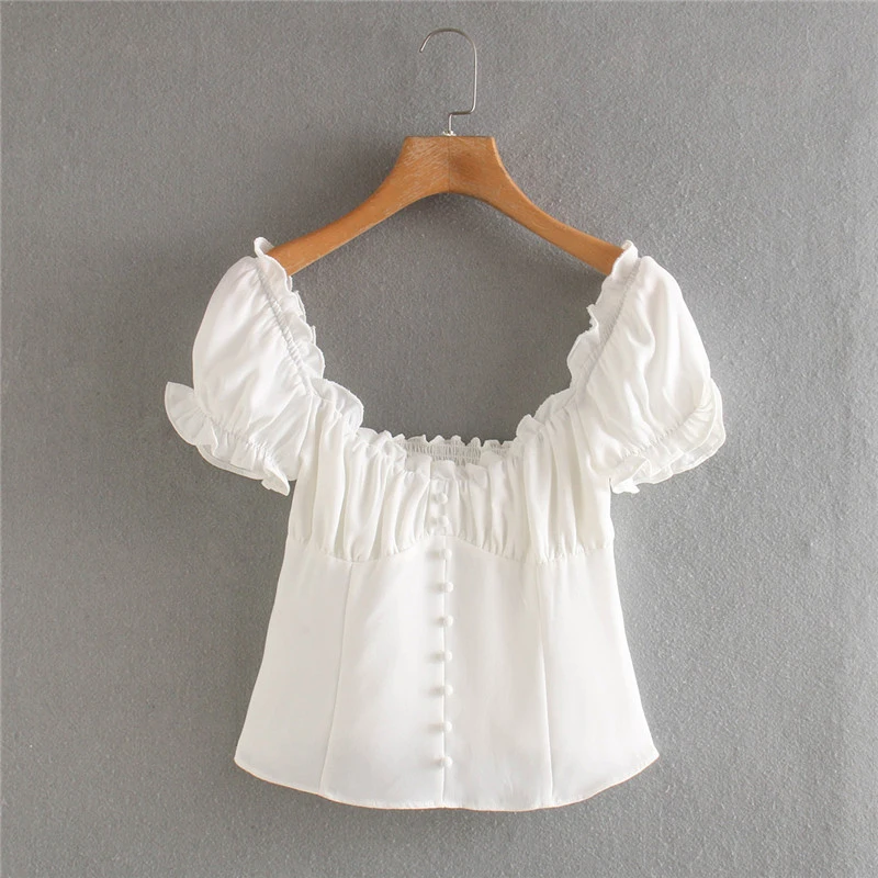 summer fashion white french style short puff sleeve blouse female 2020 women vintage single breasted ruffles elastic bust shirts 
summer fashion white french style short puff sleeve blouse female 2020 women vintage single breasted ruffles elastic bust shirts