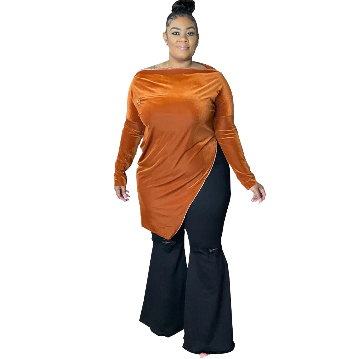 

Large Size Women Top Square Shoulder Zipper Velvet Surface Women Clothing Plus Size Top 2021 New Autumn Urban Casual Soild Color