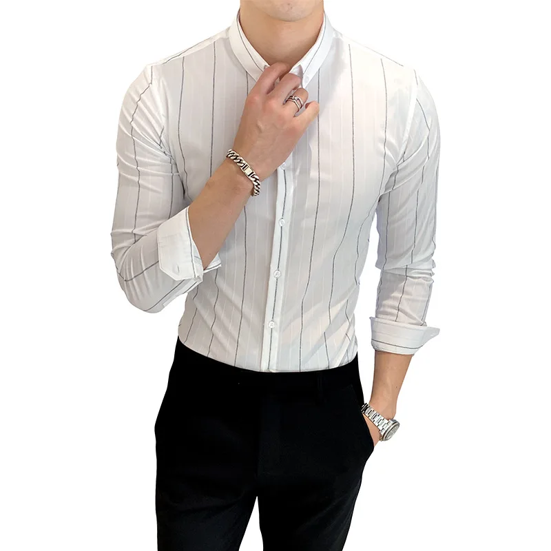 2021 new men's trend versatile Stripe Shirt Long Sleeve Korean slim fit business casual versatile men's shirt