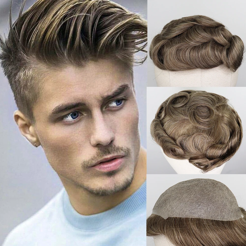 YY Парики мужские Toupee 8x10 Тонкий ПУ коричневый смешанный серый 6 дюймов Кожа Замена