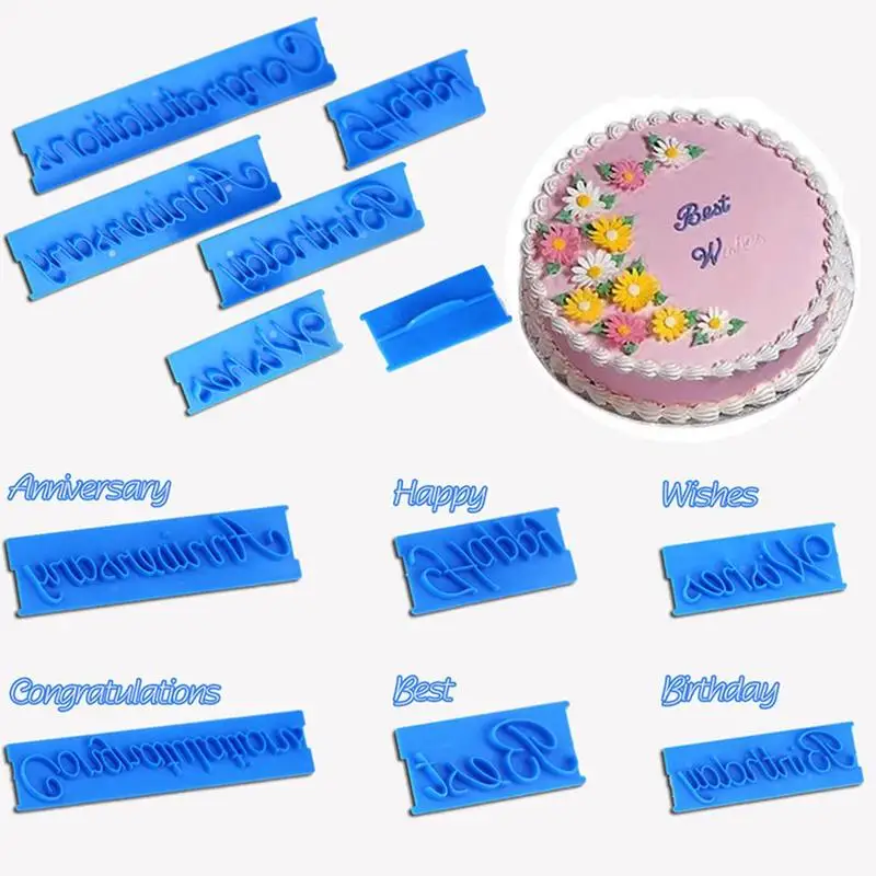

6PCS Handwriting Fondant Cake Embosser For Happy Birthday Best Wishes Anniversary Dough Cutter Plastic Letters Mold