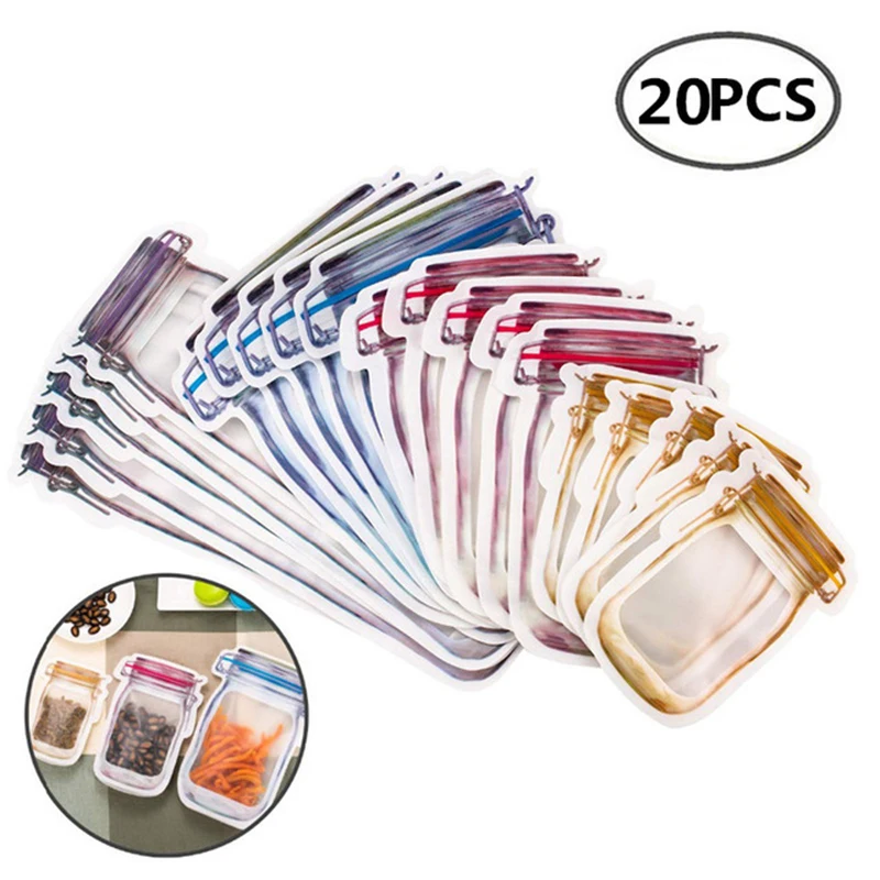20Pcs Reusable Mason Jar Bottles Bags Nuts Candy Cookies Bag Seal Fresh Food Storage Bag Snacks Zipper Sealed Kitchen Organizer
20Pcs Reusable Mason Jar Bottles Bags Nuts Candy Cookies Bag Seal Fresh Food Storage Bag Snacks Zipper Sealed Kitchen Organizer