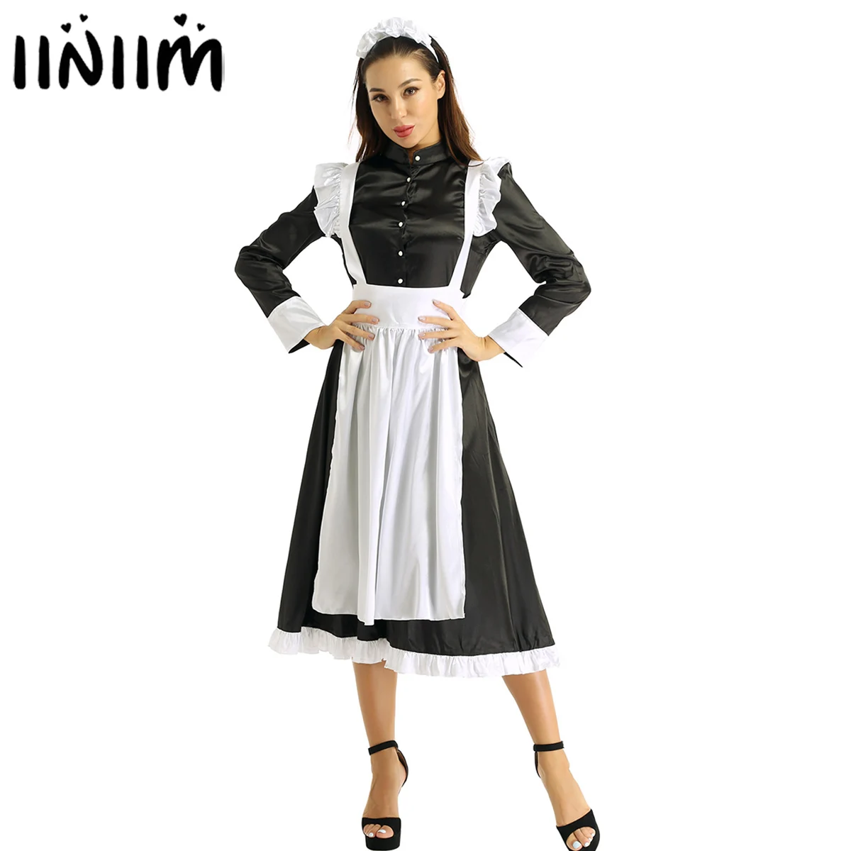 

iiniim Women Adult Maid Cosplay Costume Outfit Clubwear Female Front Button Down Long Maxi Fancy Dress with Apron and Headpiece