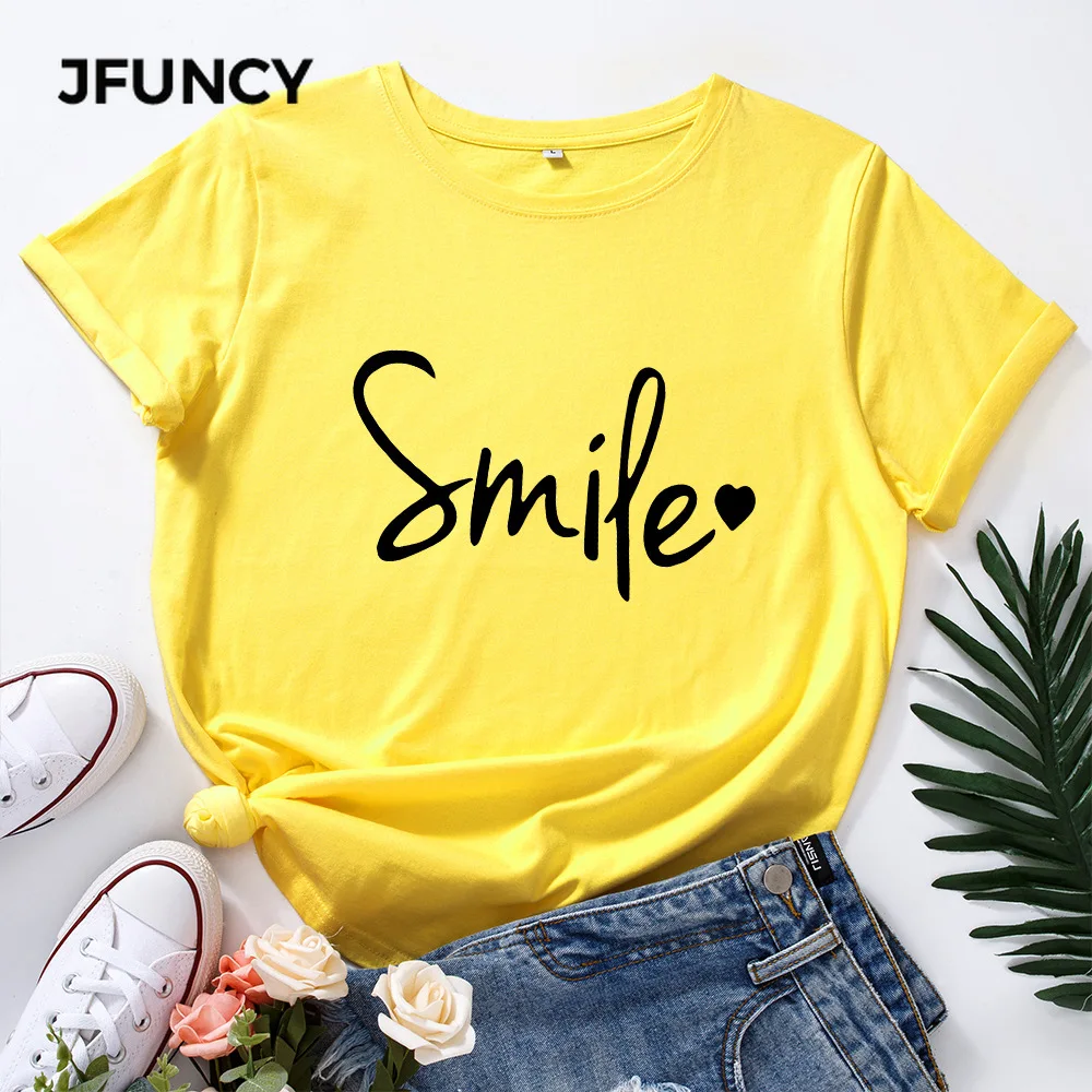 JFUNCY Women's T Shirt 100% Cotton Short Sleeve T-shirt Smile Letter Print Graphic Tees Female Tshirt Woman Tops
JFUNCY Women's T Shirt 100% Cotton Short Sleeve T-shirt Smile Letter Print Graphic Tees Female Tshirt Woman Tops