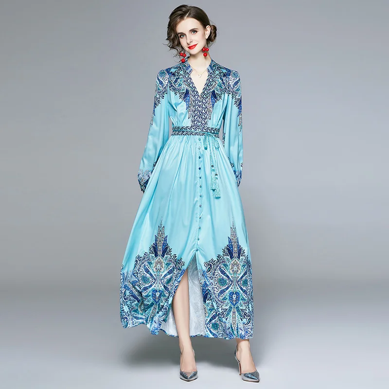 Vintage Dresses Women Noble Printing Long Sleeve V-neck Belt Buttons Slim Slit Dress Autumn Blue Clothes
Vintage Dresses Women Noble Printing Long Sleeve V-neck Belt Buttons Slim Slit Dress Autumn Blue Clothes