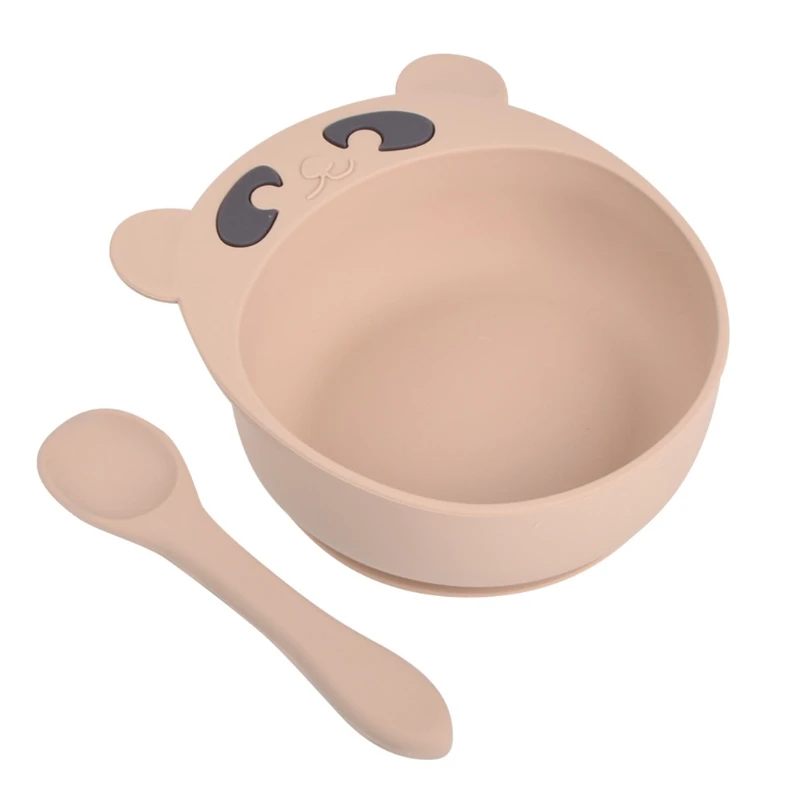 

2 Pcs Cartoon Bear Baby Training Feeding Food Bowl Spoon Set Anti Slip Silicone Suction Dinner Plate Dish Scoops Utensil