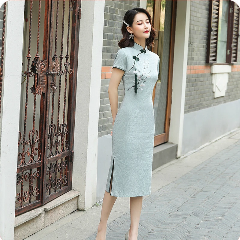 Cotton Qipao Chinese Traditional Dress Blue Cheongsam Elastic Force Cheongsam Improve
Cotton Qipao Chinese Traditional Dress Blue Cheongsam Elastic Force Cheongsam Improve