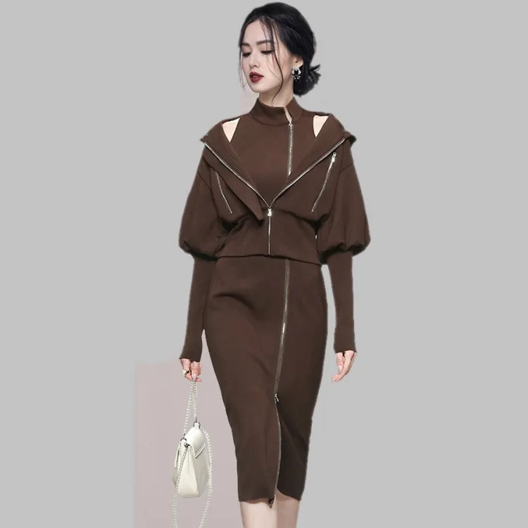 New Chic 2 Piece Sets Women Hooded Zipper Coat + Elegant Stand Collar Sleeveless Bodycon Pencil Dress Female Fashion Clothing
New Chic 2 Piece Sets Women Hooded Zipper Coat + Elegant Stand Collar Sleeveless Bodycon Pencil Dress Female Fashion Clothing