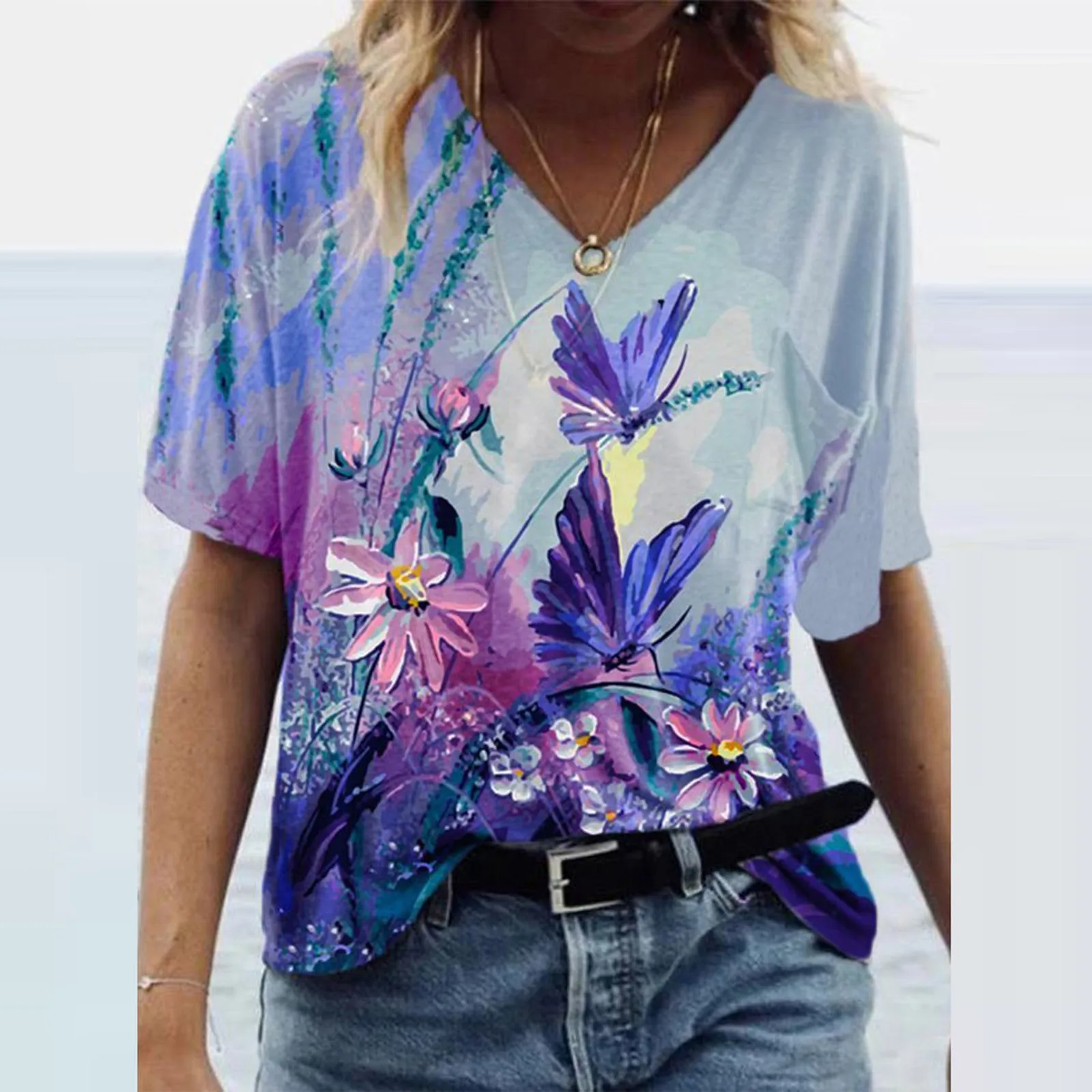 Fashion Women's T-shirt Summer Printed Short Sleeve V-neck T-shirt Casual Tee Tops Floral Print Pullover All-match Lady T Shirt
Fashion Women's T-shirt Summer Printed Short Sleeve V-neck T-shirt Casual Tee Tops Floral Print Pullover All-match Lady T Shirt