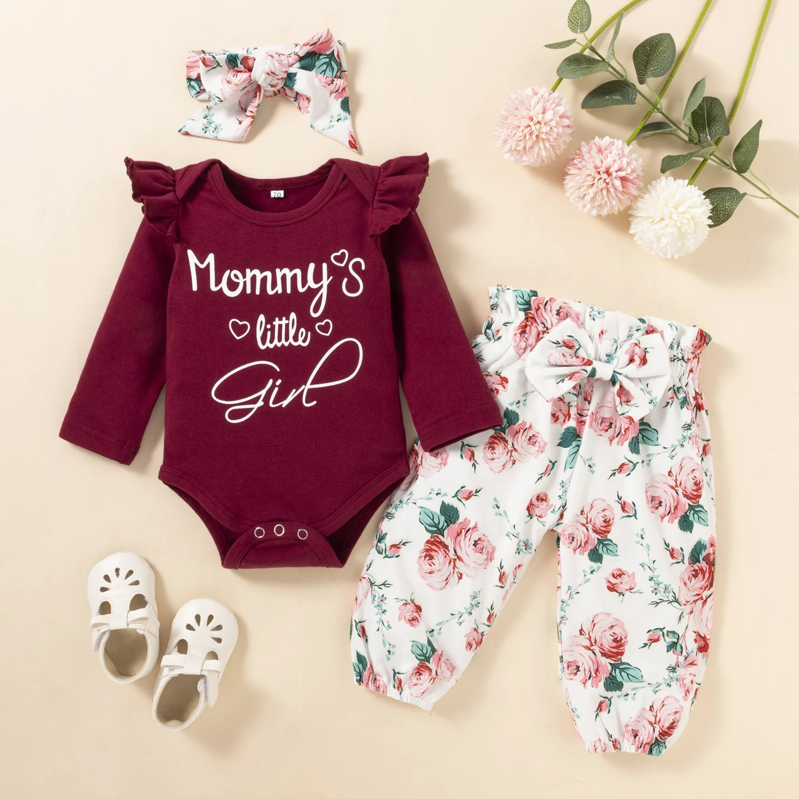 Newborn Infant Baby Girl Clothes Letter Printing Long Sleeve Ruffle Solid Tops+Floral Bowknot Pants+Headband Set
Newborn Infant Baby Girl Clothes Letter Printing Long Sleeve Ruffle Solid Tops+Floral Bowknot Pants+Headband Set