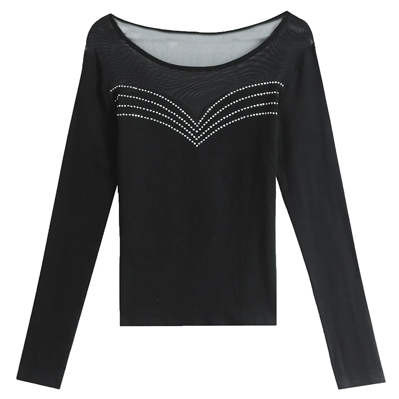 Spring 2020 Black T shirt Mesh Patchwork Transparent Tops Women Long Sleeve Diamonds Slim Female Tee Shirt T02603B 
Spring 2020 Black T shirt Mesh Patchwork Transparent Tops Women Long Sleeve Diamonds Slim Female Tee Shirt T02603B
