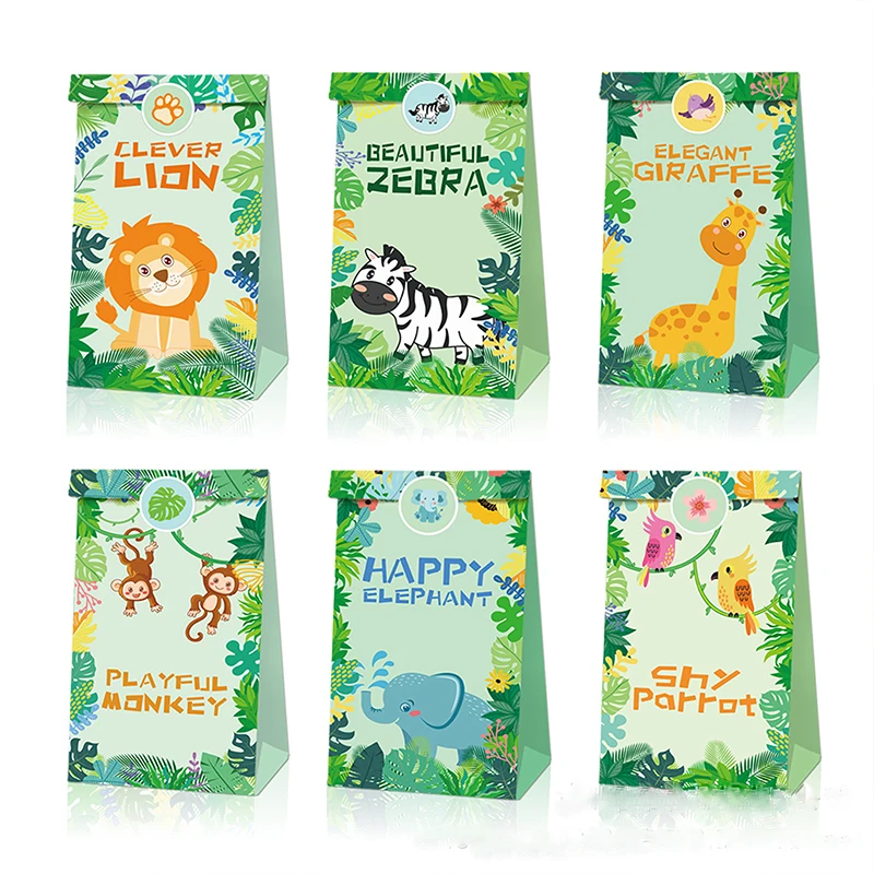 

Jungle Animal Gift Bag Lion Zebra Monkey Elephant Candy Kraft Paper Bag Safari Wild Animals Happy Birthday Party Decor Kids Boys