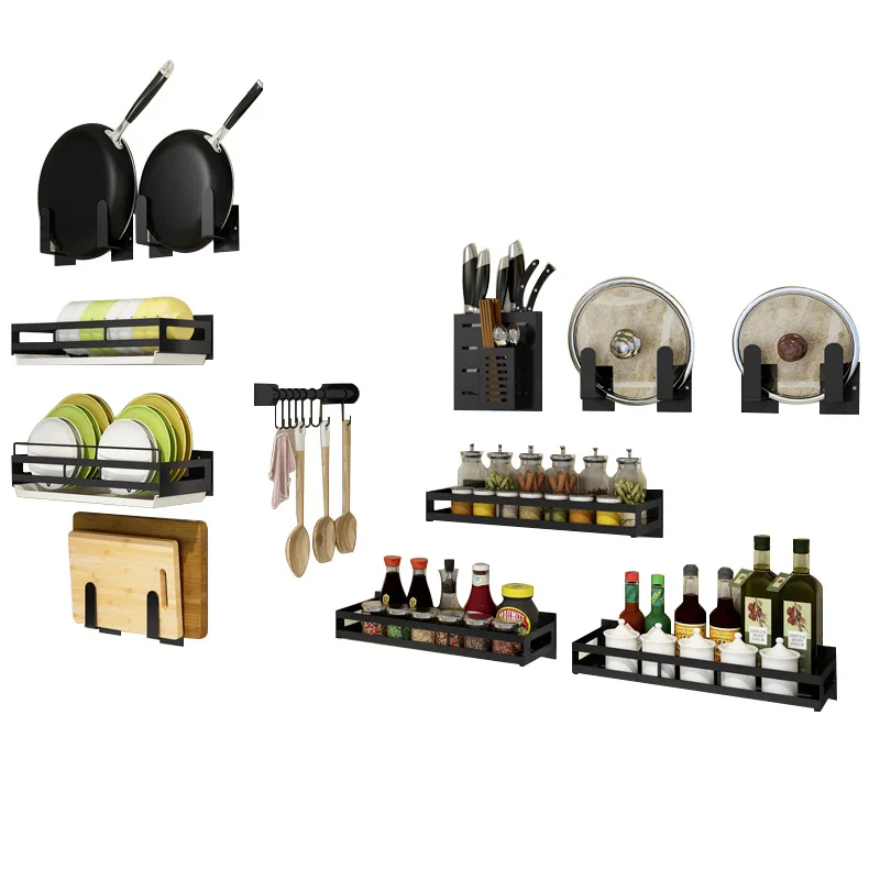 Punch-free kitchen rack wall hanging knife holder chopping board pot cover board hanging rod dishes seasoning black storage rack
Punch-free kitchen rack wall hanging knife holder chopping board pot cover board hanging rod dishes seasoning black storage rack