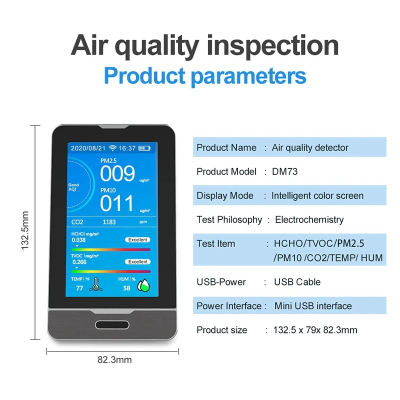 Portable DM73B TUYA WIFI PM2.5 PM1.0 PM10 Temperature Humidity CO2 HCHO TOVC Detector Intelligent Multifunction
Portable DM73B TUYA WIFI PM2.5 PM1.0 PM10 Temperature Humidity CO2 HCHO TOVC Detector Intelligent Multifunction
