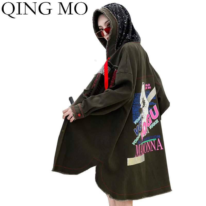 Женский Осенний пуловер QING MO однобортный свободный тренчкот с блестками женское