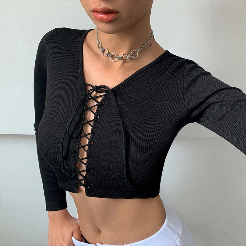 

Fashion Rib Black Sexy Hollow Bandage Tights Thong Crop Top Woman 2023 Spring T Shirts Casual Street Short Top Clothing Women