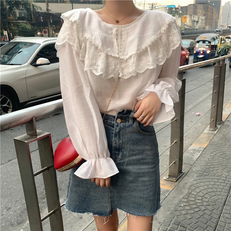 Loose Lace Sweet Style Ruffles Spring Autumn Womens Tops Flare Sleeve Blouses Korean Fashion Clothing Backless Shirts New
Loose Lace Sweet Style Ruffles Spring Autumn Womens Tops Flare Sleeve Blouses Korean Fashion Clothing Backless Shirts New