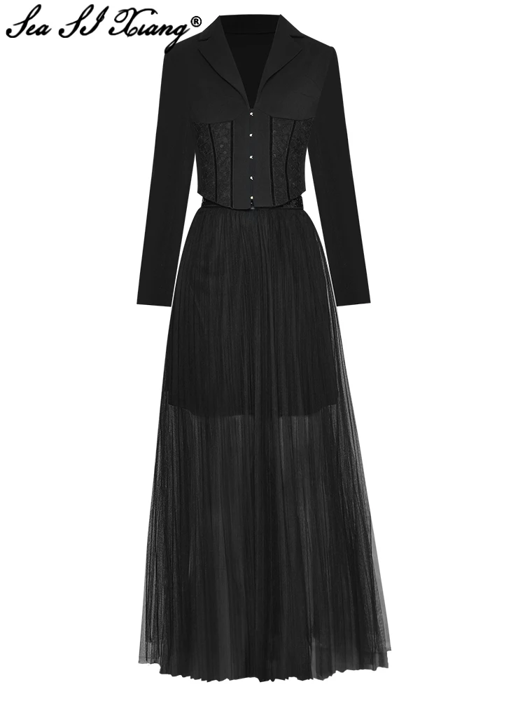 Женский Дизайнерский Костюм Seasixiang, однобортный короткий пиджак с кристаллами + плиссированная сетчатая длинная юбка, комплект из двух пред... 
Женский Дизайнерский Костюм Seasixiang, однобортный короткий пиджак с кристаллами + плиссированная сетчатая длинная юбка, комплект из двух пред...