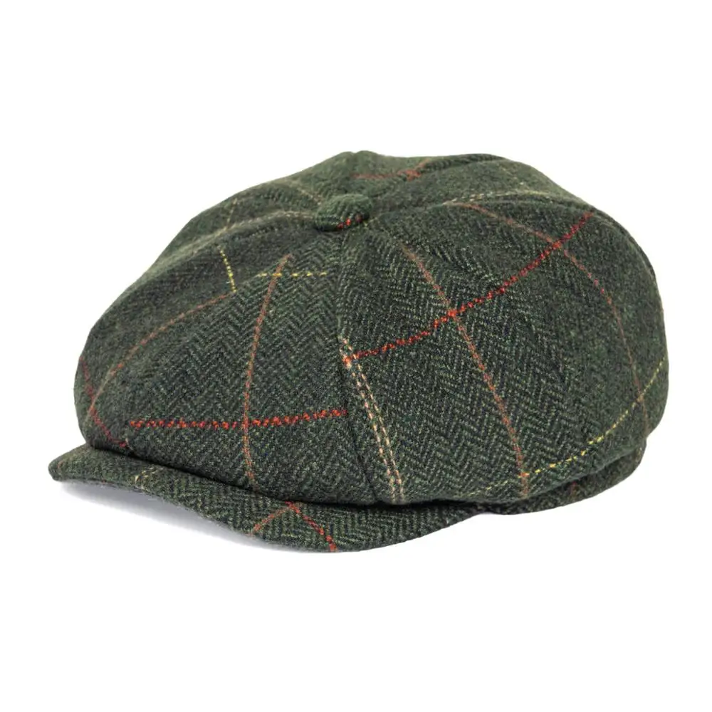 

FEINION Newsboy Cap for Men Women 50% Wool Tweed Flat Caps Herringbone Cabbies Driver Hat Green Yellow 068