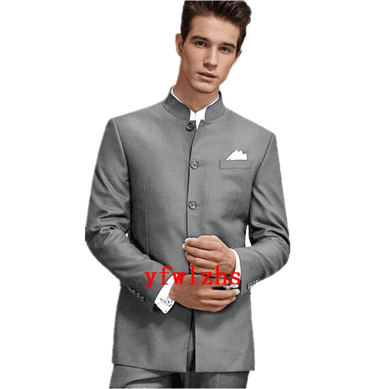 

Handsome Single breasted Groomsmen Mandarin Lape Groom Tuxedos Men Suits Wedding/Prom/Dinner Best Blazer(Jacket+Pants+Tie) 064