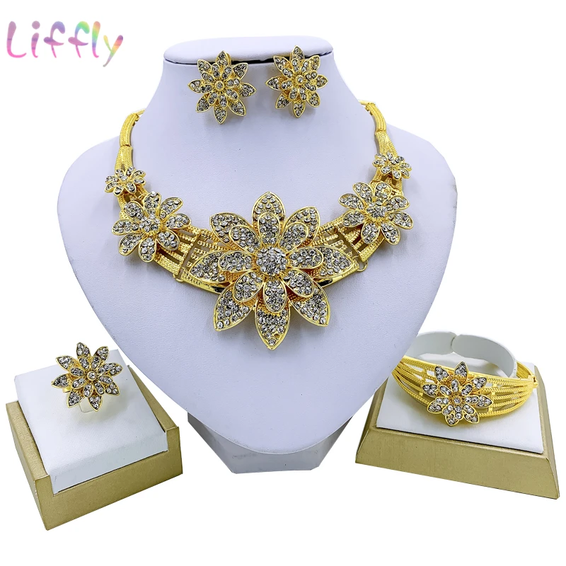 Liffly Dubai Elegant Bridal Fashion Jewelry Sets Flower Necklace Bracelet Earrings Ring Crystal Jewelry Wedding Gift
Liffly Dubai Elegant Bridal Fashion Jewelry Sets Flower Necklace Bracelet Earrings Ring Crystal Jewelry Wedding Gift