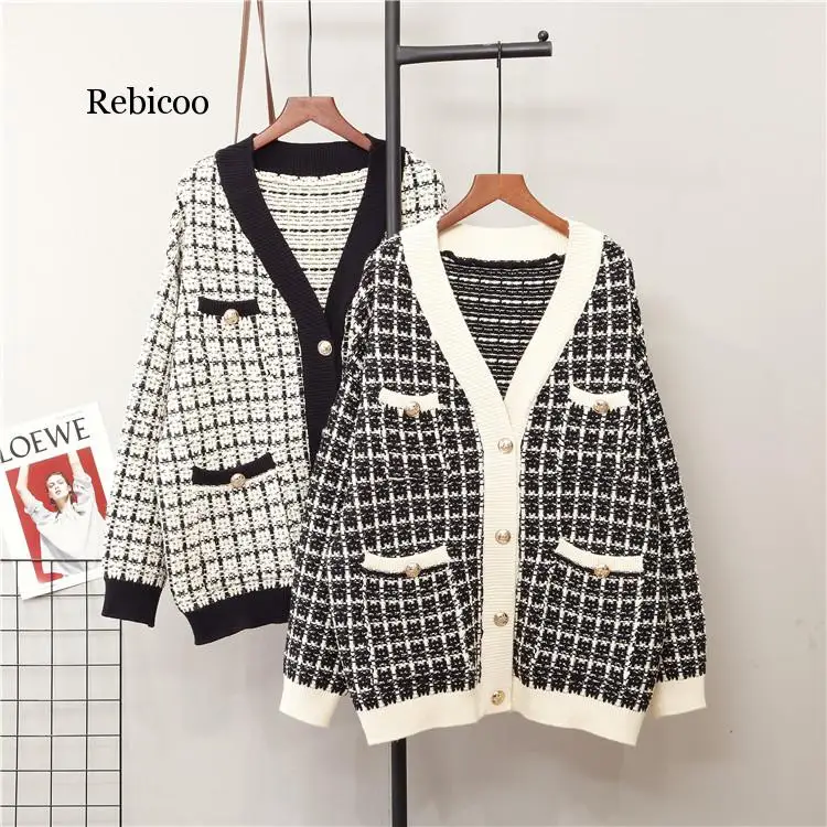 

Rebicoo Women Sweater Jacket Oversized Knitted Cardigans Loose Plaid Jumpers Korean Clothing Robe Long Coat sueter feminino