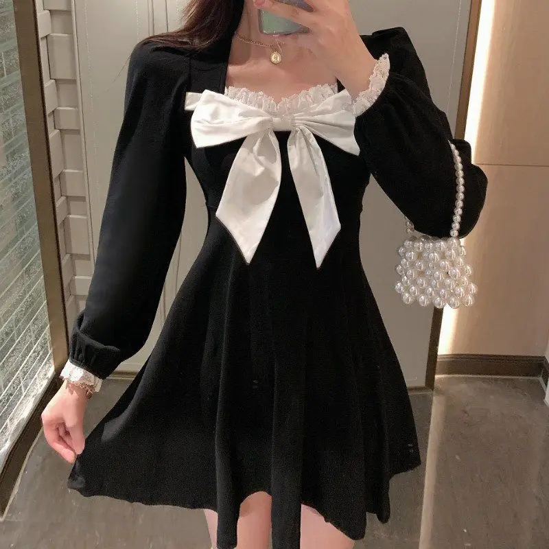 MAGOGO Long Sleeve Red Big Bow Dress Square Neck Women New Fashion Mini Dress