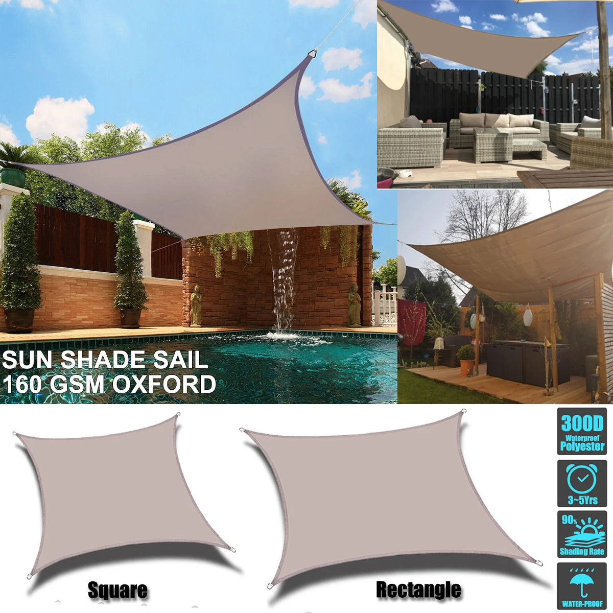 Khaki 300D Waterproof Polyester Square Rectangle Shade Sail garden terrace Canopy swimming Sun shade Camping Hiking Yard sail
Khaki 300D Waterproof Polyester Square Rectangle Shade Sail garden terrace Canopy swimming Sun shade Camping Hiking Yard sail