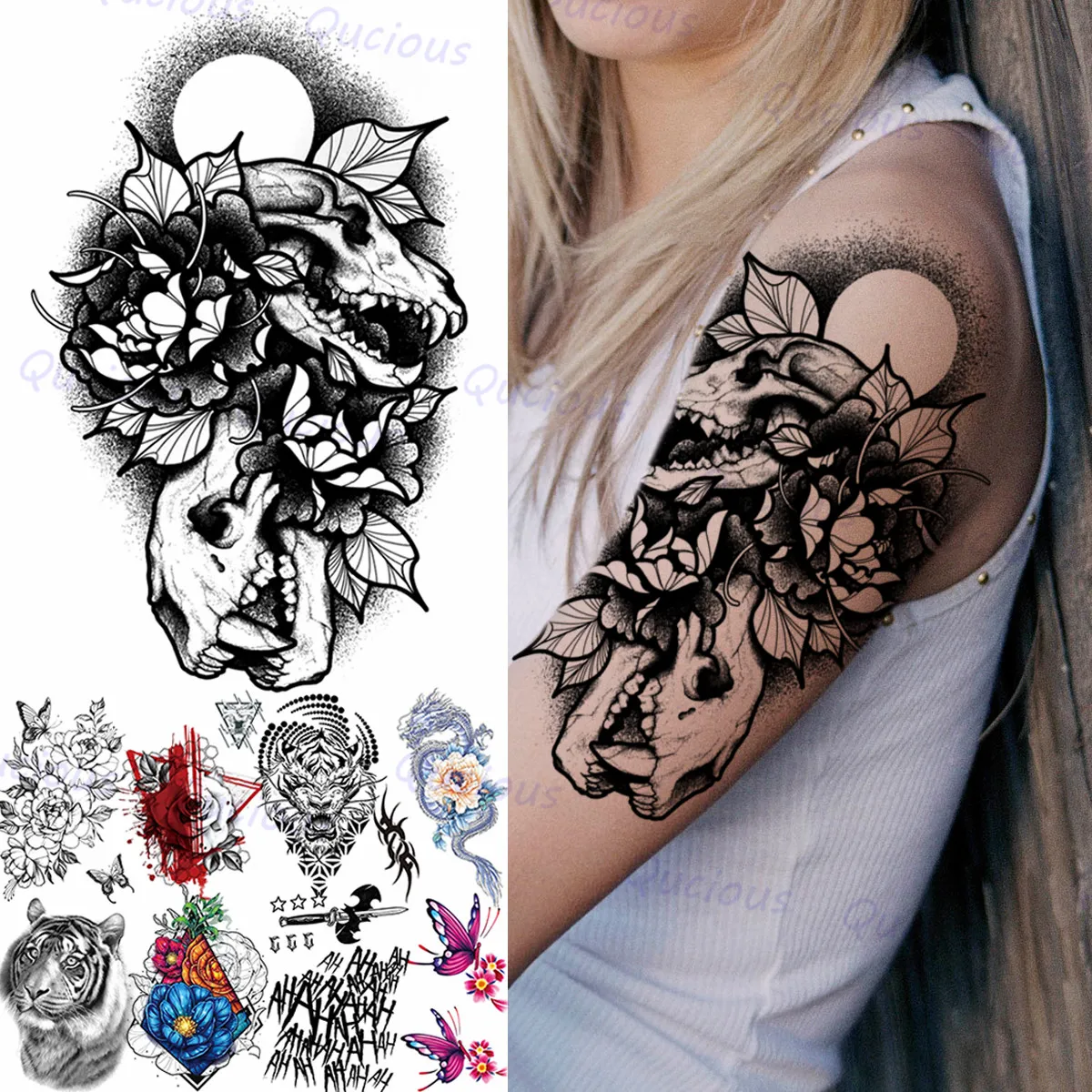 Black Skull Temporary Tattoos For Women Men Rose Tiger Dragon Geometry Fake Tattoo Sticker Body Art Painting Half Sleeve Tatoos | Красота и
