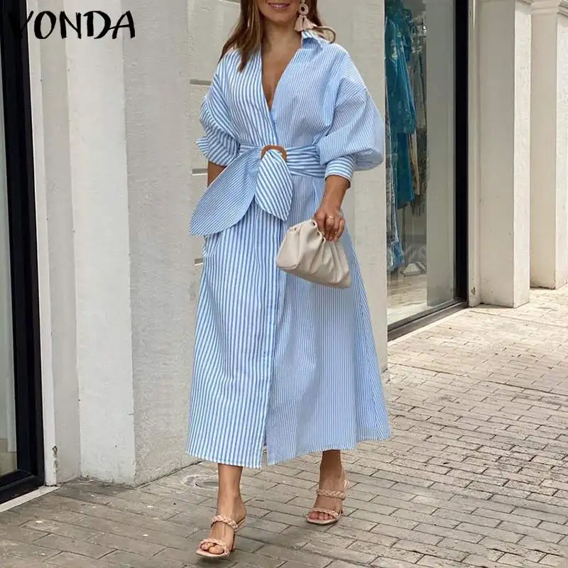 VONDA Bohemian Women Striped Dress 2022 Autumn Vintage 3/4 Sleeve Lapel Belted Long Shirt Dress Casual Loose Party Vestidos Robe
VONDA Bohemian Women Striped Dress 2022 Autumn Vintage 3/4 Sleeve Lapel Belted Long Shirt Dress Casual Loose Party Vestidos Robe