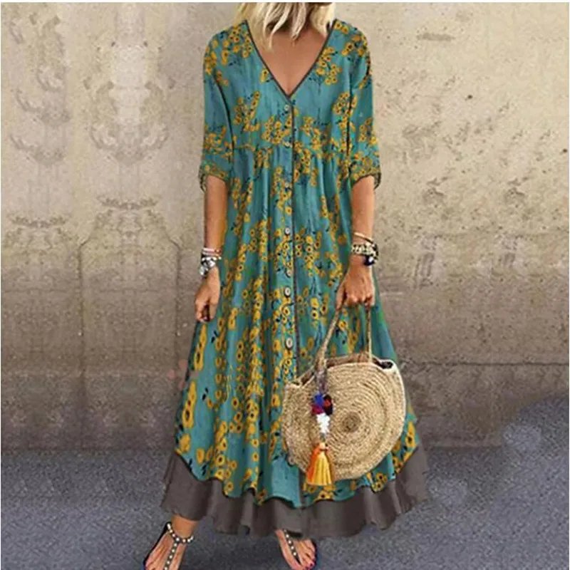 Fake Two Fall Casual Loose Maxi Dress V Neck Half Sleeve Button Floral Print Boho Women Autumn Winter Big Swing Dresses Robe
Fake Two Fall Casual Loose Maxi Dress V Neck Half Sleeve Button Floral Print Boho Women Autumn Winter Big Swing Dresses Robe
