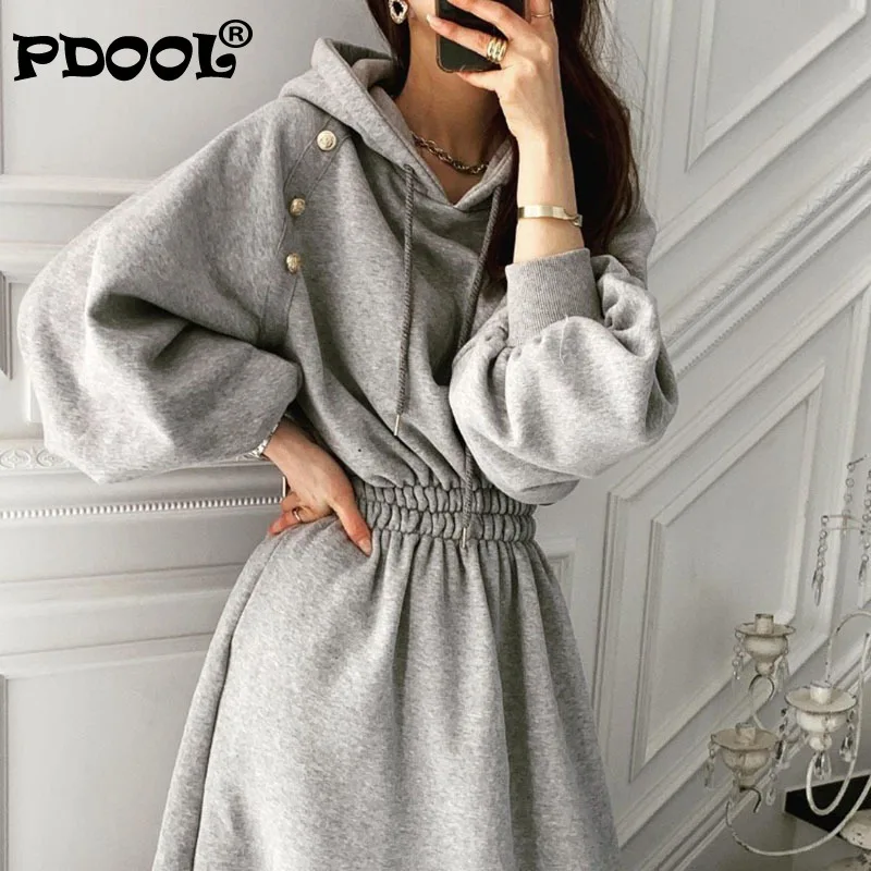 Casual Elastic Waist Women Hooded Pullover Mid-length Dress Lantern Sleeve Loose Female A-line Dress Vestidos 2021
Casual Elastic Waist Women Hooded Pullover Mid-length Dress Lantern Sleeve Loose Female A-line Dress Vestidos 2021